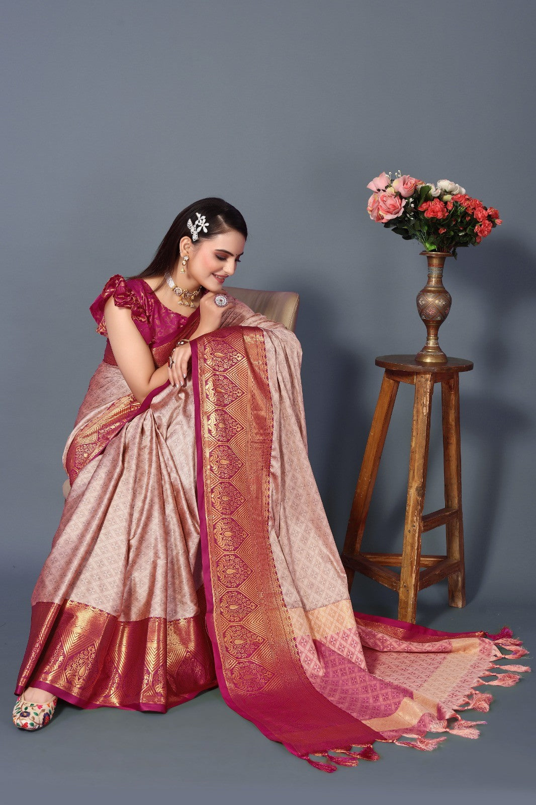 Peache Red Colour Cotton Silk Saree For Women's